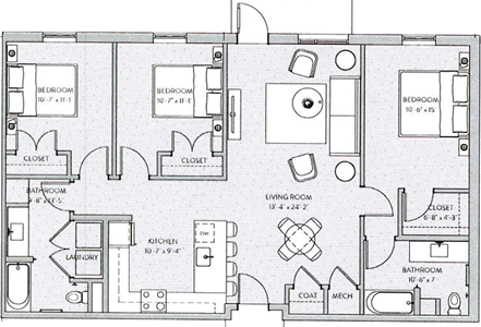 Three Bedroom / Two Bath - 1,261 Sq.Ft.*